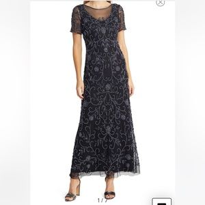 Floral Beaded Short Sleeve A-Line Gown